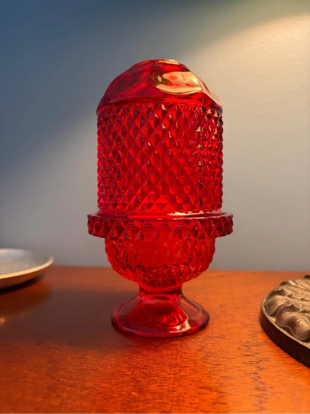 Vintage Viking Glass Ruby Red Diamond Point Glimmer Fairy Lamp MCM Cadmium Glow